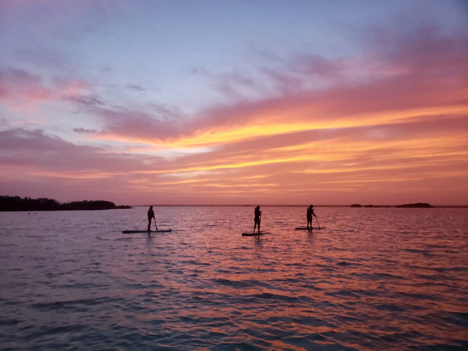 Three paddleboarders on the lagoon at sunset