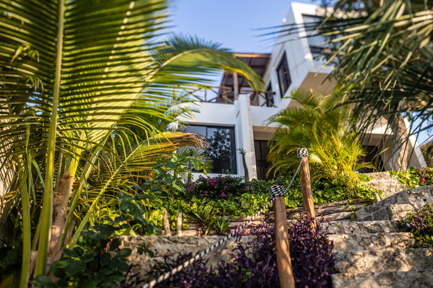 Stone steps through the tropical garden up to Villa Alegre